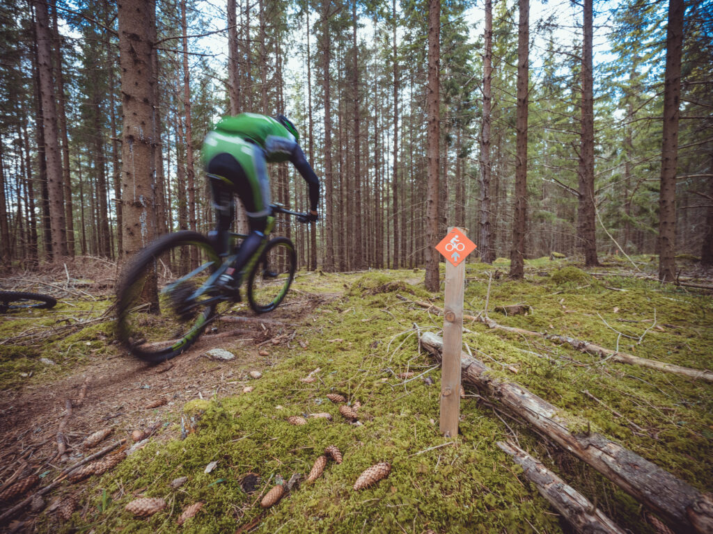 Cyklist som tränar balans och teknik på en planka, labyrint och vippbräda i en cykelpark, med fokus på att förbättra färdigheter för skogscykling.